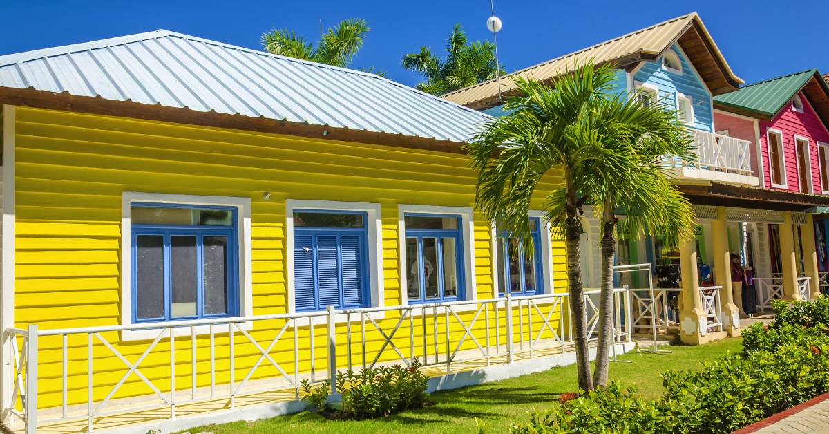 A row of houses that are different colors. There are plants in front of the houses and two palm trees.